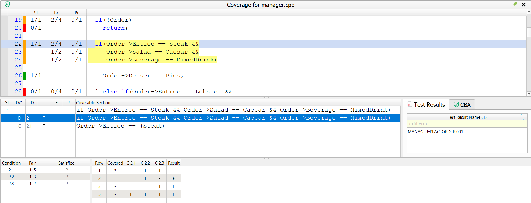 Coverage Viewer in VectorCAST/C++ 2025 showing details of MC/DC.